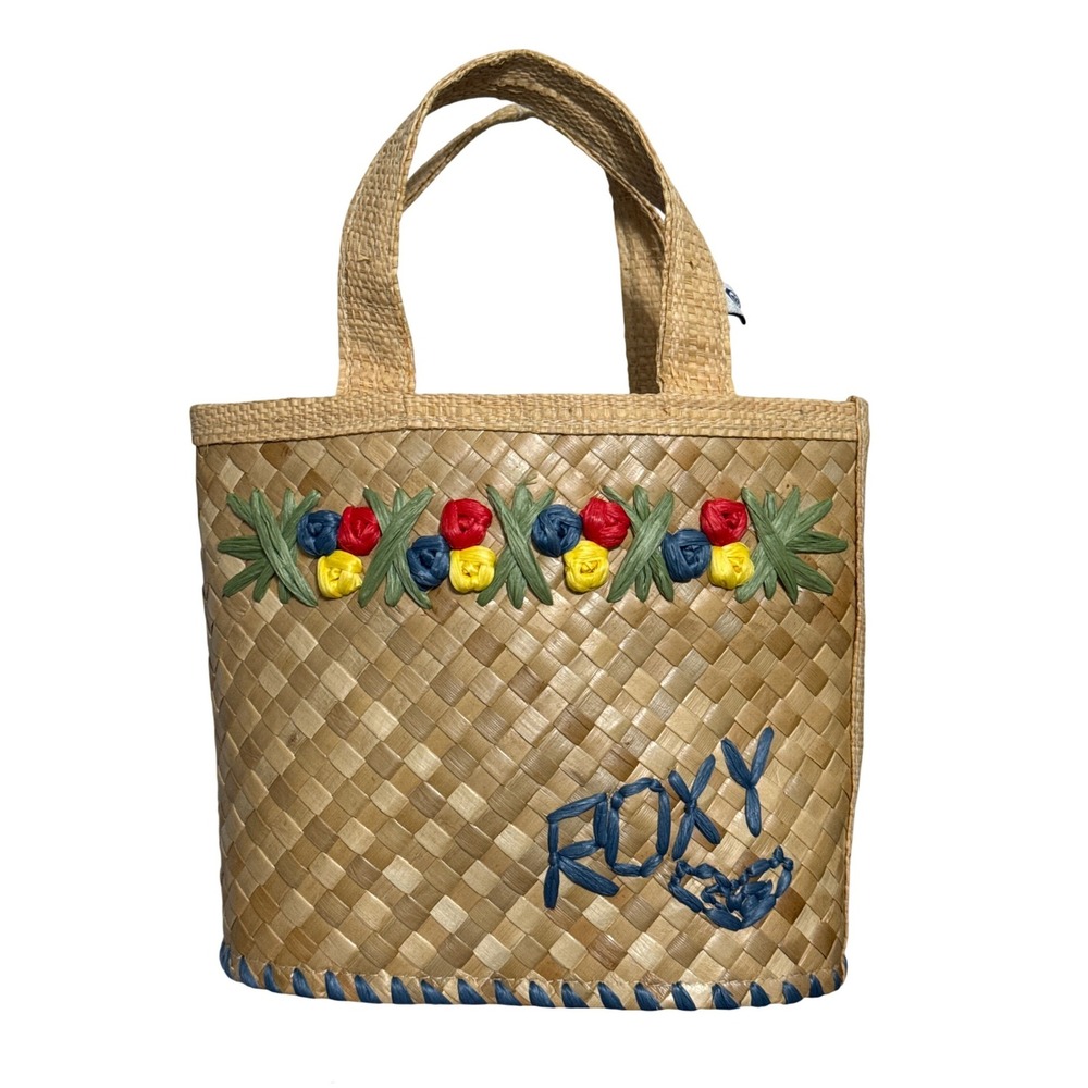 Roxy Quiksilver Vintage Y2K Straw Tote Bag Floral Woven Beach Surfer Tropical